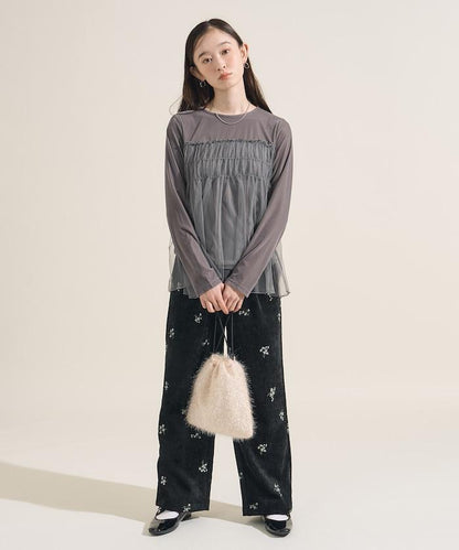 仿天鵝絨平紋燈芯絨小花圖案休閒褲＜可搭配套裝＞