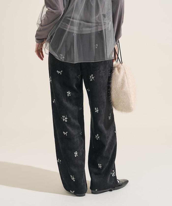 仿天鵝絨平紋燈芯絨小花圖案休閒褲＜可搭配套裝＞