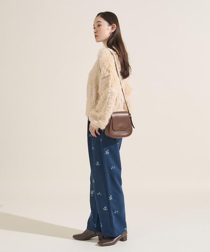 仿天鵝絨平紋燈芯絨小花圖案休閒褲＜可搭配套裝＞