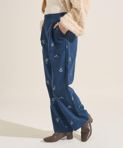 仿天鵝絨平紋燈芯絨小花圖案休閒褲＜可搭配套裝＞