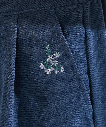 仿天鵝絨平紋燈芯絨小花圖案休閒褲＜可搭配套裝＞