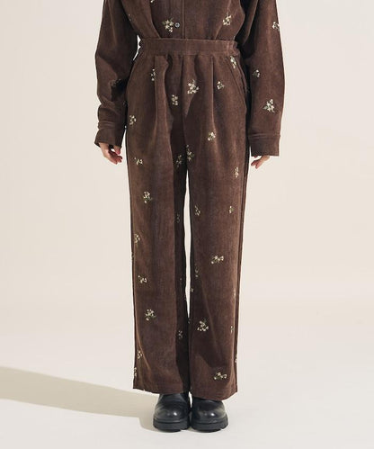 仿天鵝絨平紋燈芯絨小花圖案休閒褲＜可搭配套裝＞