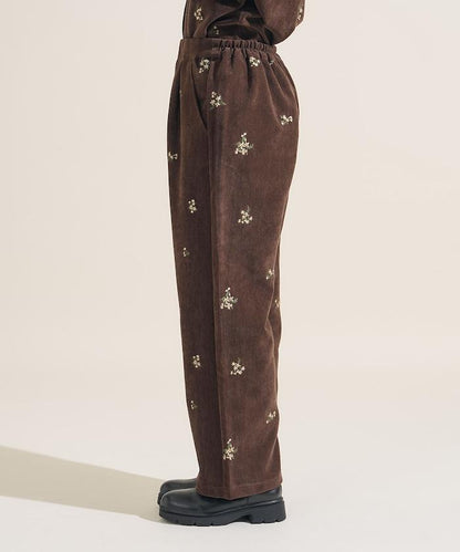 仿天鵝絨平紋燈芯絨小花圖案休閒褲＜可搭配套裝＞