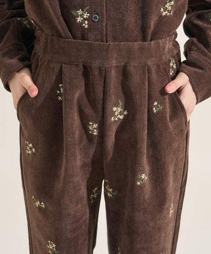 仿天鵝絨平紋燈芯絨小花圖案休閒褲＜可搭配套裝＞