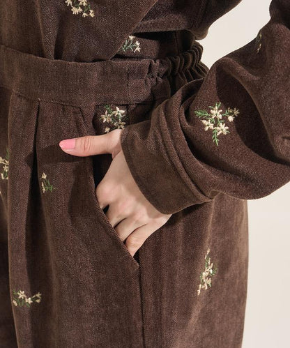 仿天鵝絨平紋燈芯絨小花圖案休閒褲＜可搭配套裝＞