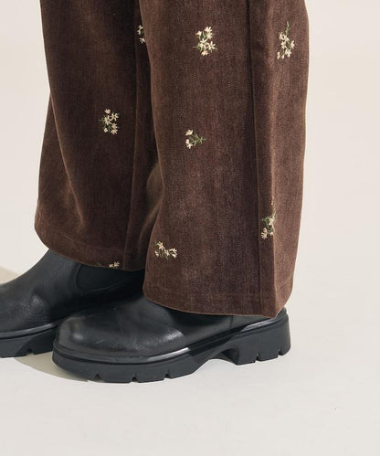 仿天鵝絨平紋燈芯絨小花圖案休閒褲＜可搭配套裝＞