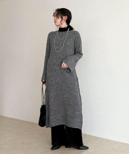 馬海毛混紡鏤空圖案喇叭袖連衣裙