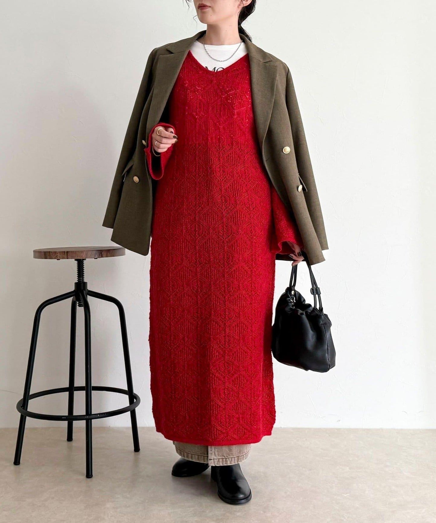 馬海毛混紡鏤空圖案喇叭袖連衣裙