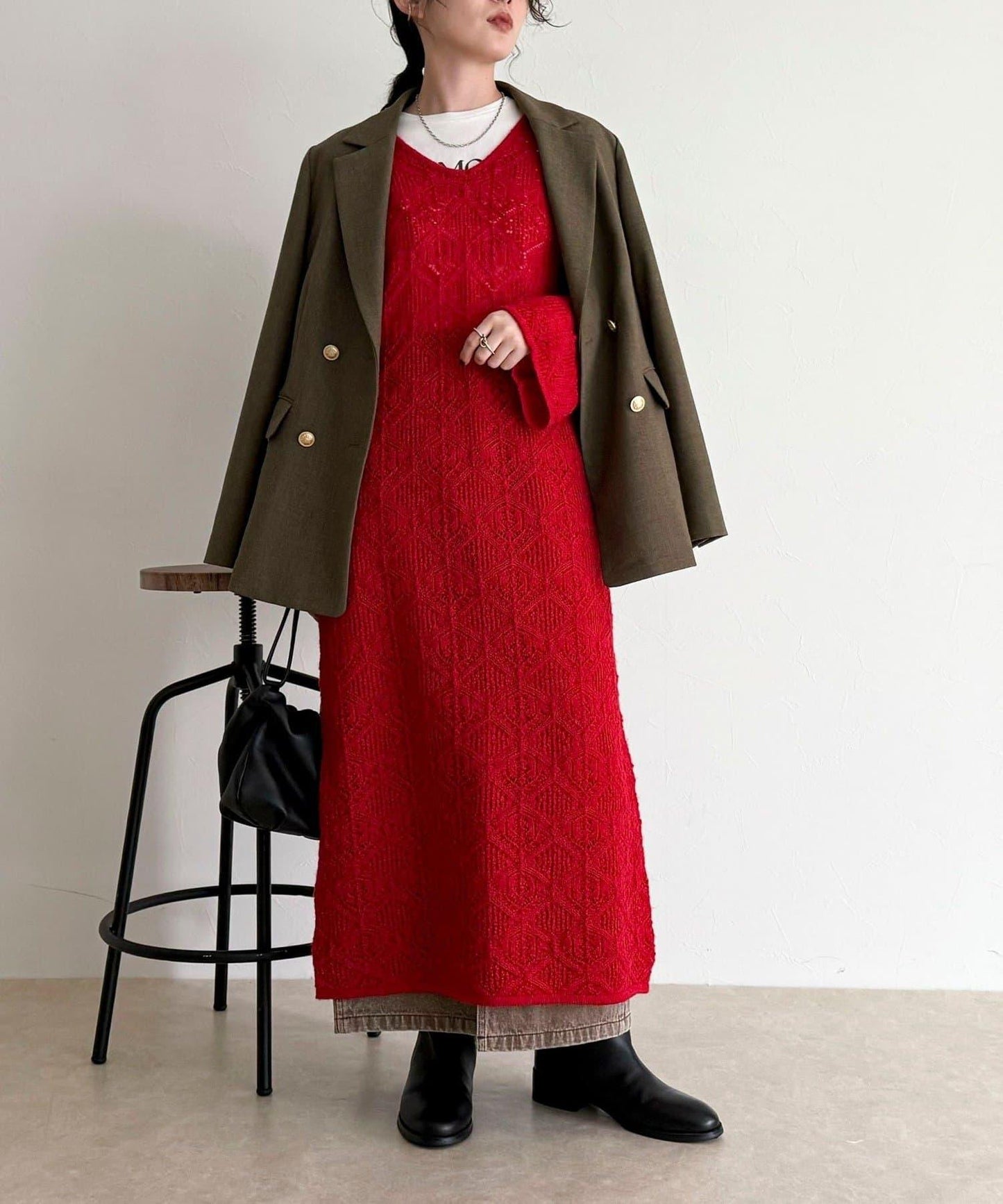 馬海毛混紡鏤空圖案喇叭袖連衣裙