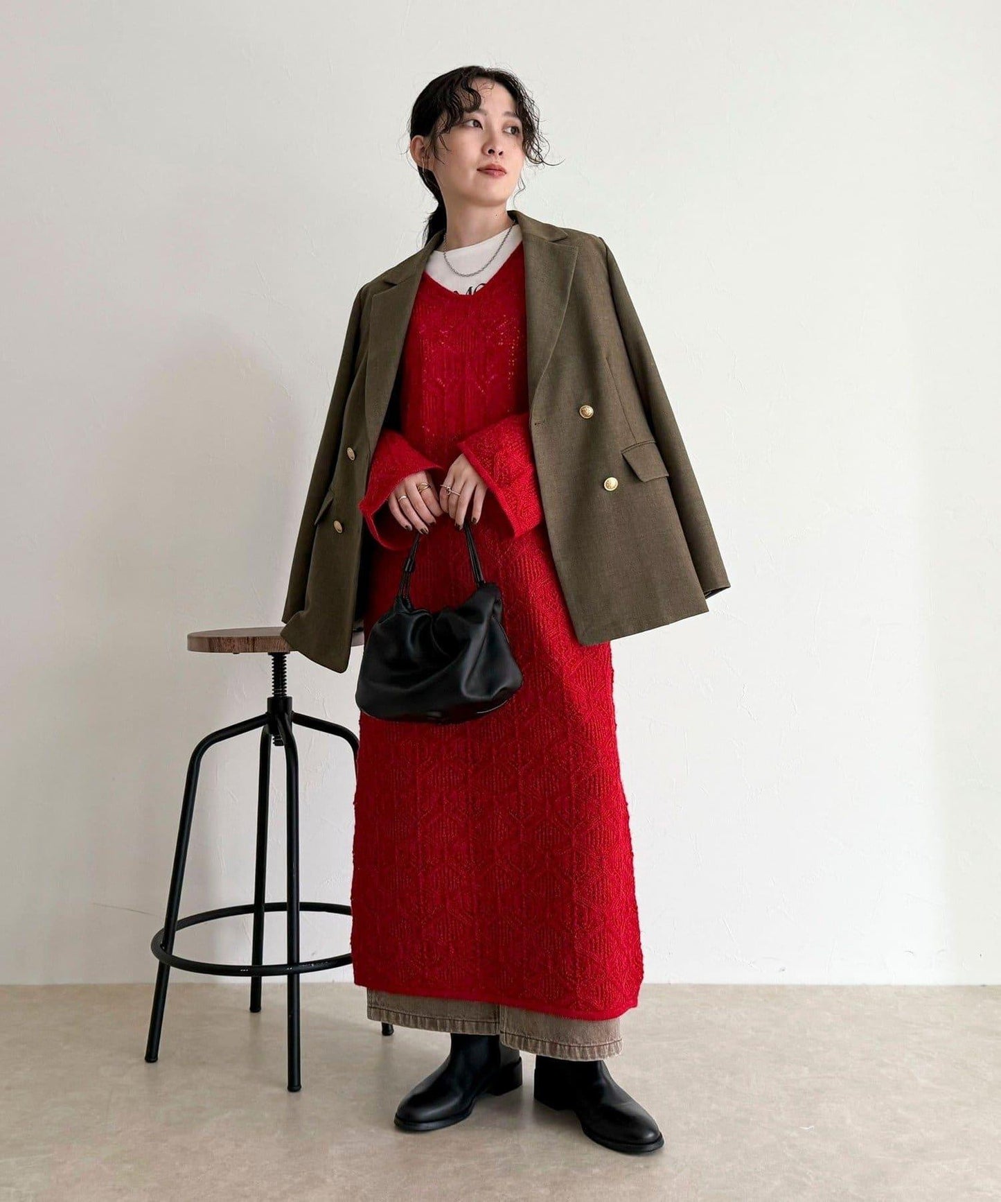 馬海毛混紡鏤空圖案喇叭袖連衣裙