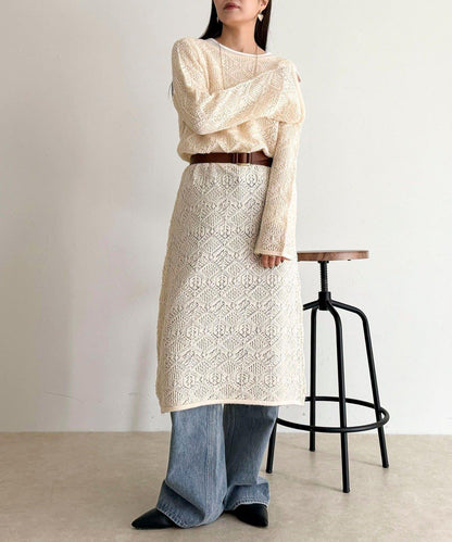 馬海毛混紡鏤空圖案喇叭袖連衣裙