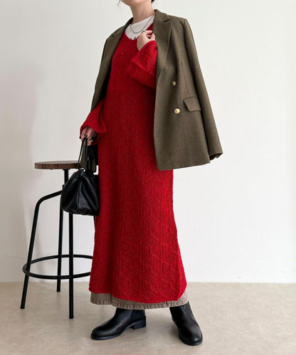 馬海毛混紡鏤空圖案喇叭袖連衣裙