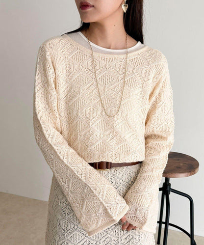 馬海毛混紡鏤空圖案喇叭袖連衣裙