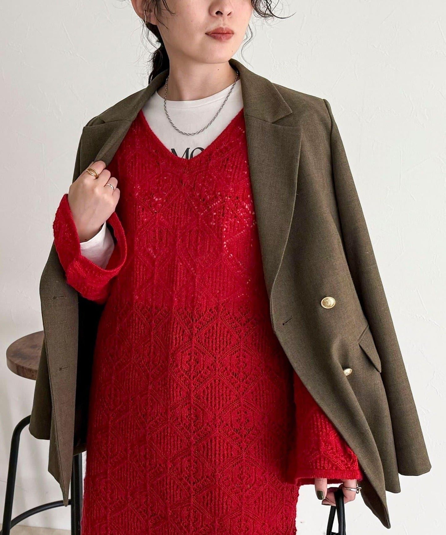 馬海毛混紡鏤空圖案喇叭袖連衣裙