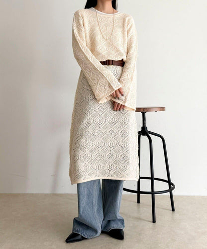 馬海毛混紡鏤空圖案喇叭袖連衣裙