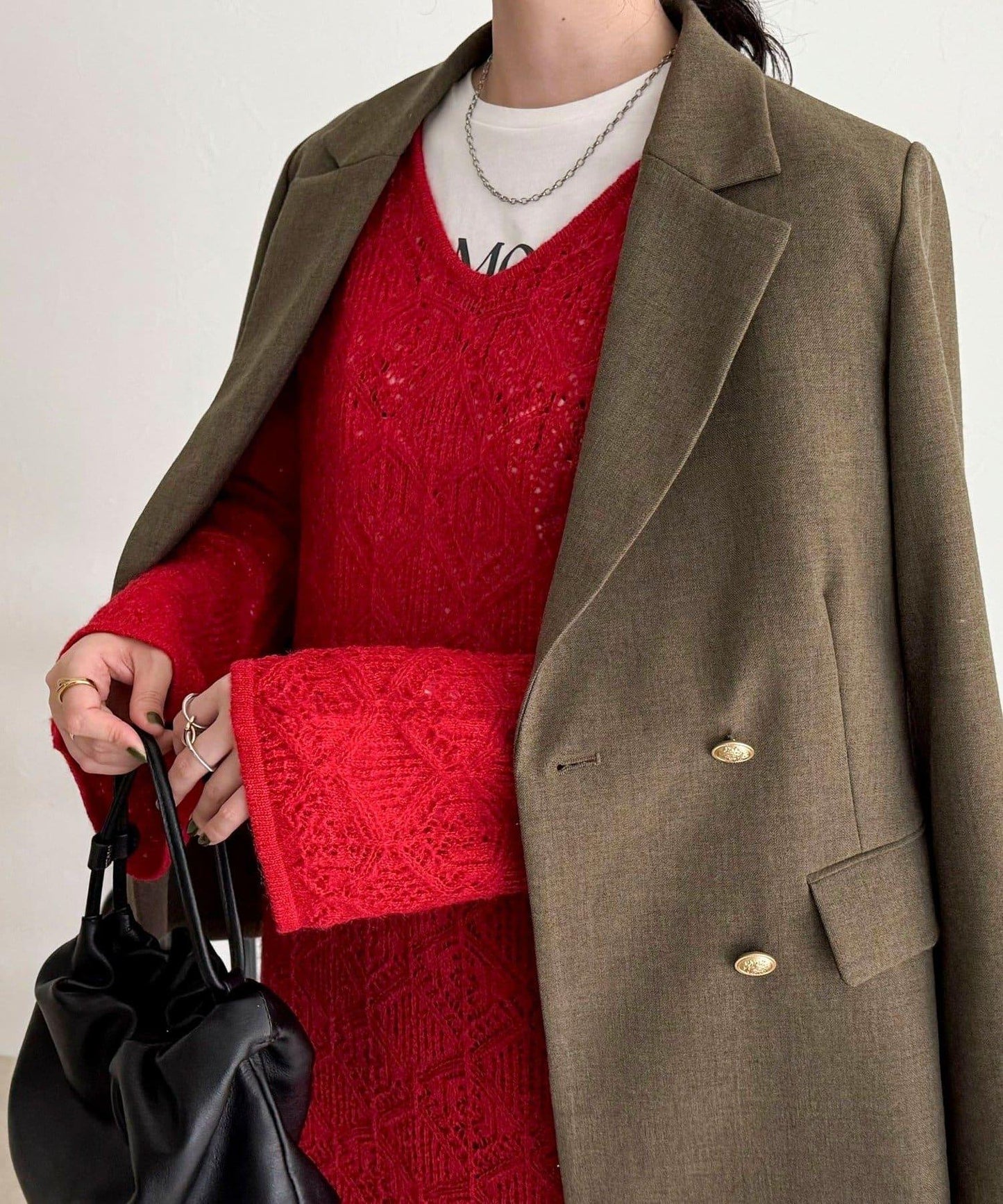 馬海毛混紡鏤空圖案喇叭袖連衣裙