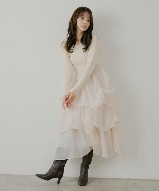 【SALON by Chico】褶皺網紗拼接長款連衣裙