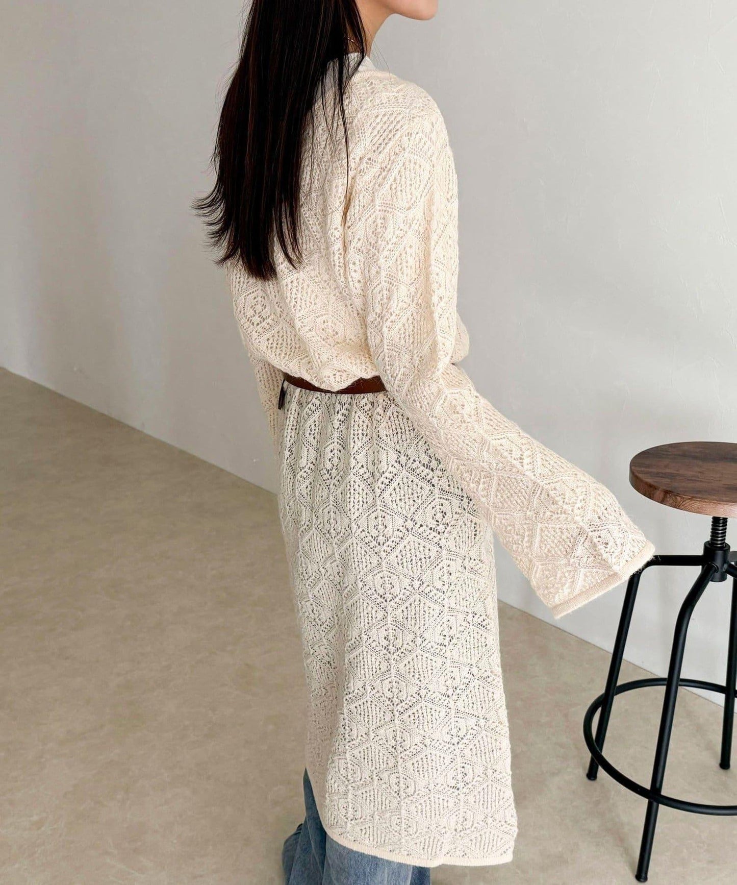 馬海毛混紡鏤空圖案喇叭袖連衣裙