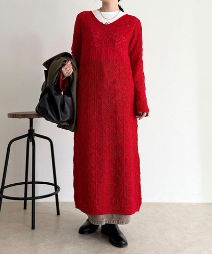 馬海毛混紡鏤空圖案喇叭袖連衣裙