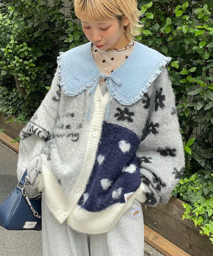 【HELLO.SANFRANCISCO/ハローサンフランシスコ】提花拼接愛心紐扣開衫