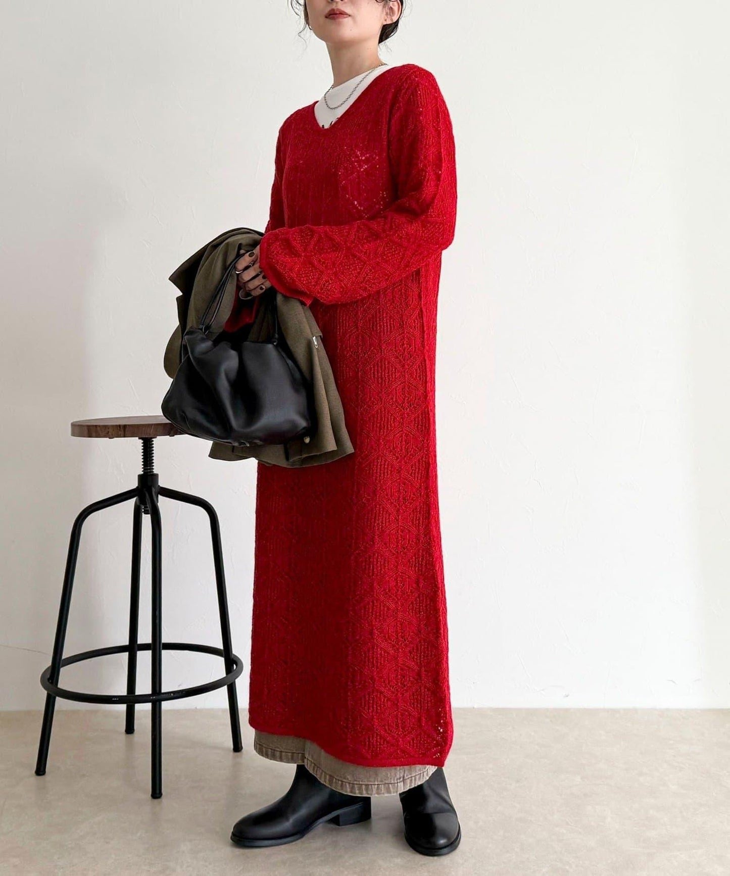 馬海毛混紡鏤空圖案喇叭袖連衣裙