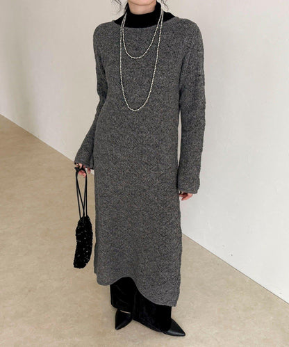 馬海毛混紡鏤空圖案喇叭袖連衣裙