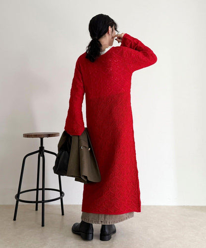 馬海毛混紡鏤空圖案喇叭袖連衣裙