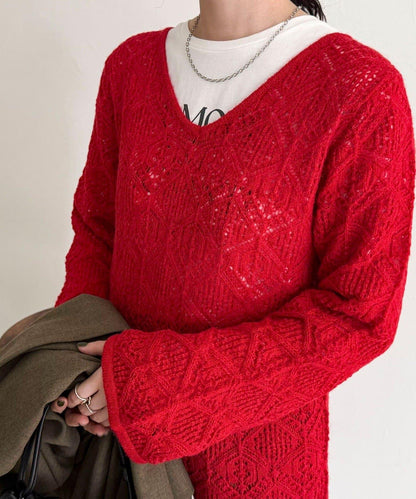 馬海毛混紡鏤空圖案喇叭袖連衣裙