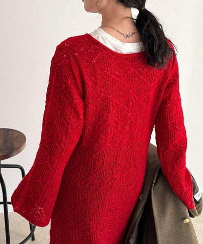 馬海毛混紡鏤空圖案喇叭袖連衣裙