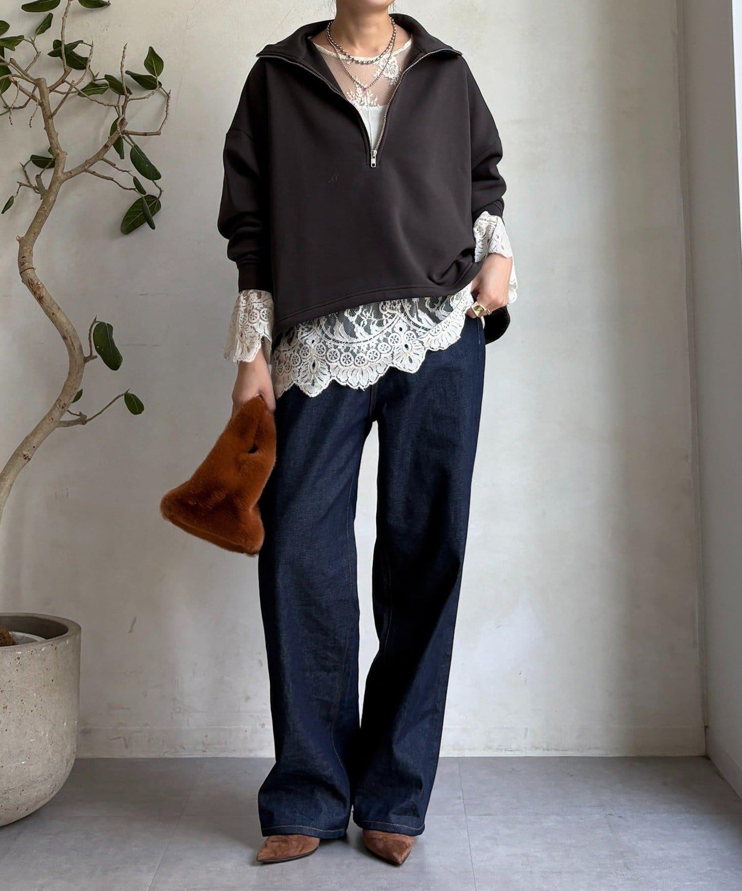 加絨抽繩半拉鍊套頭衫