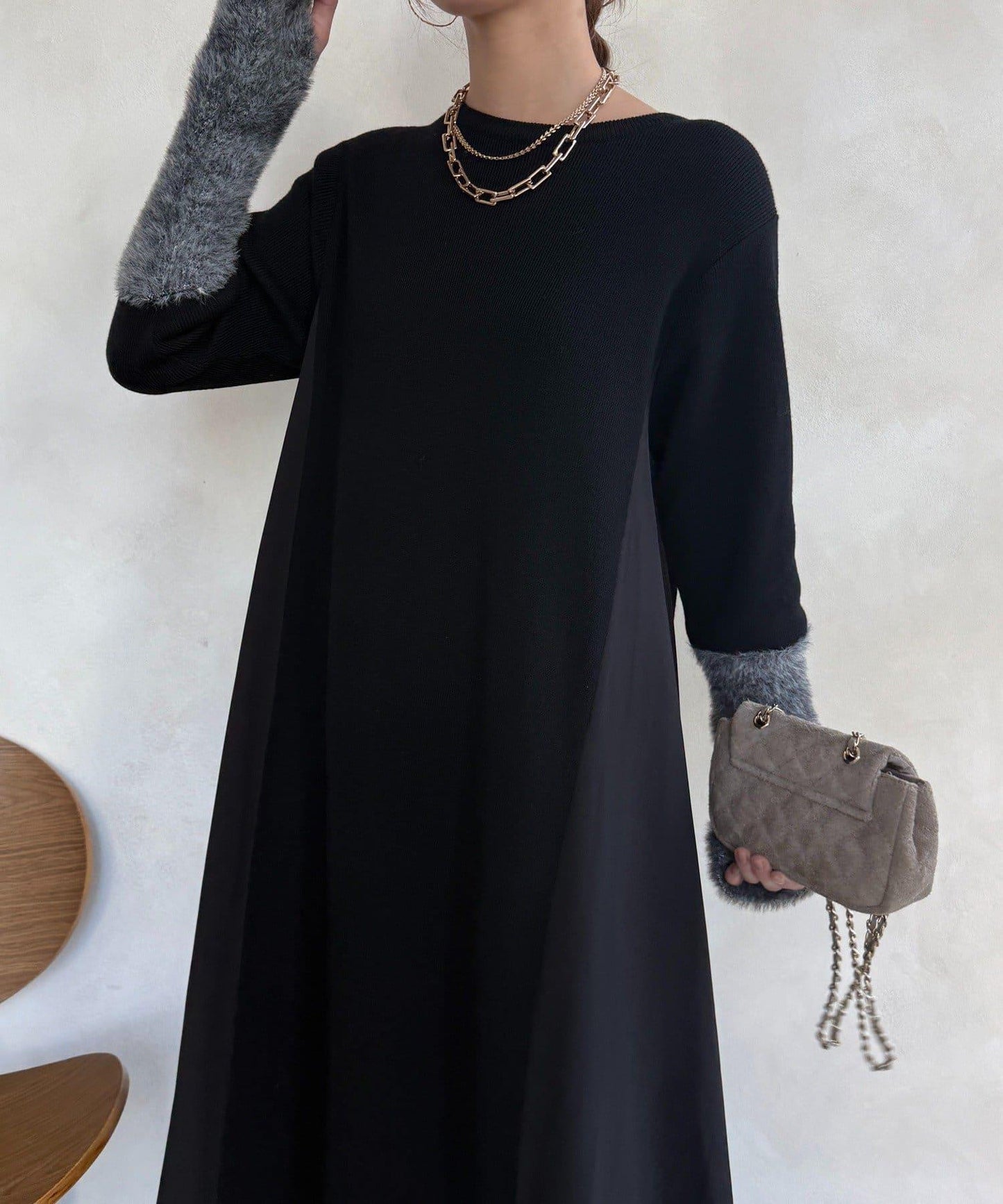 拼接雪紡長袖連衣裙