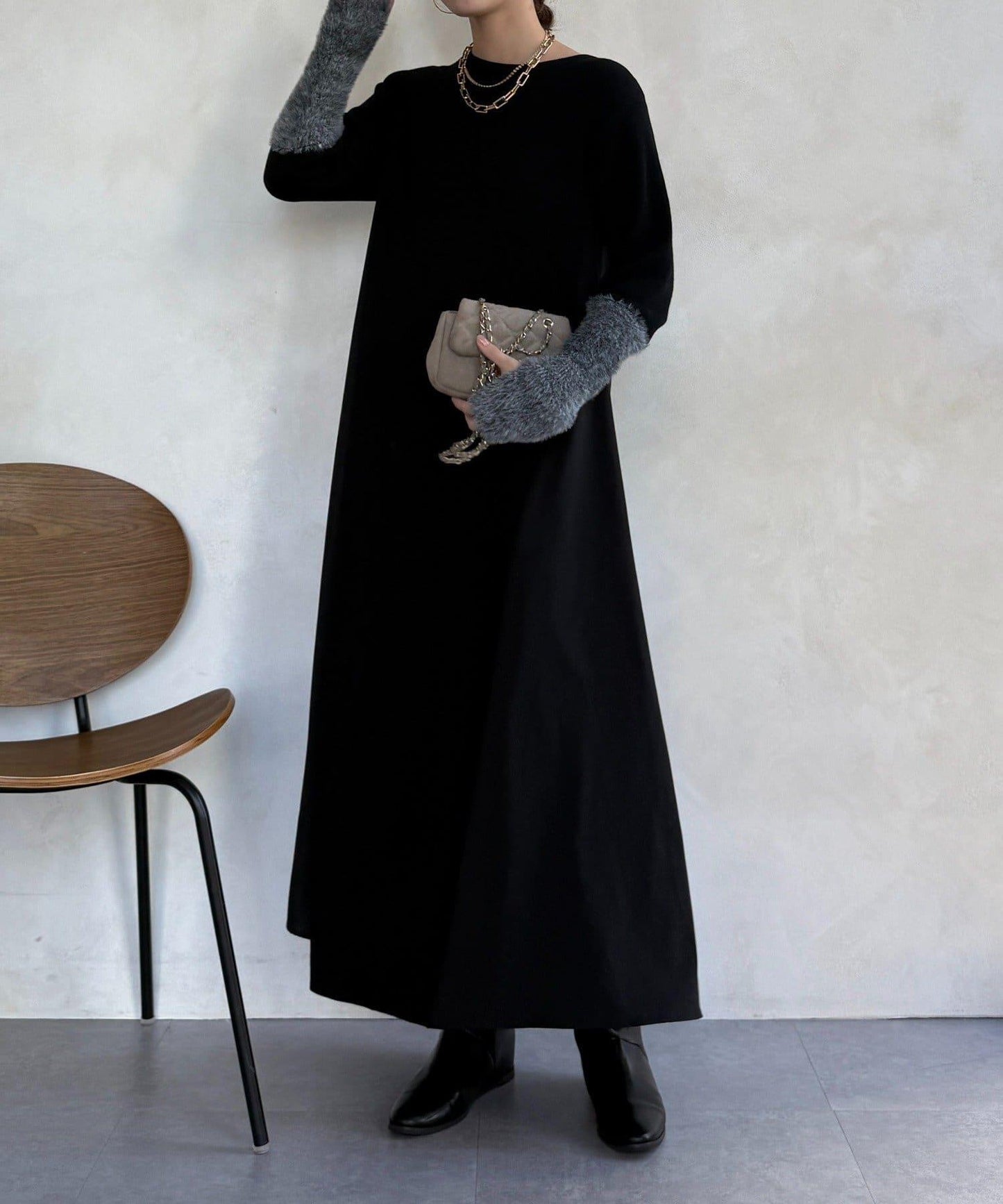 拼接雪紡長袖連衣裙