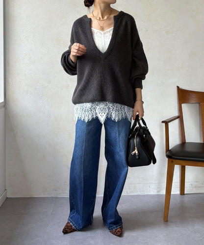 羊毛混紡開領套頭衫