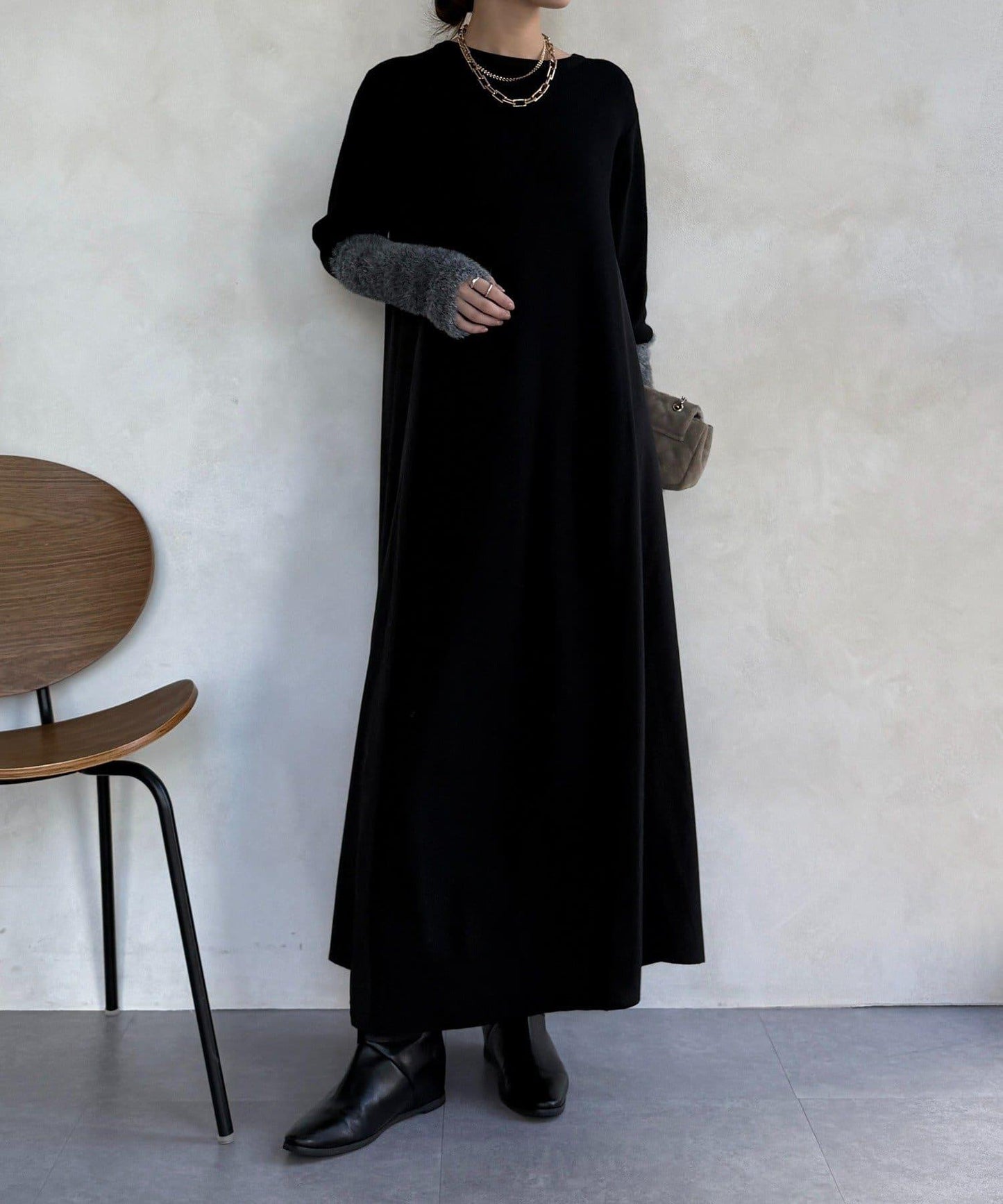 拼接雪紡長袖連衣裙