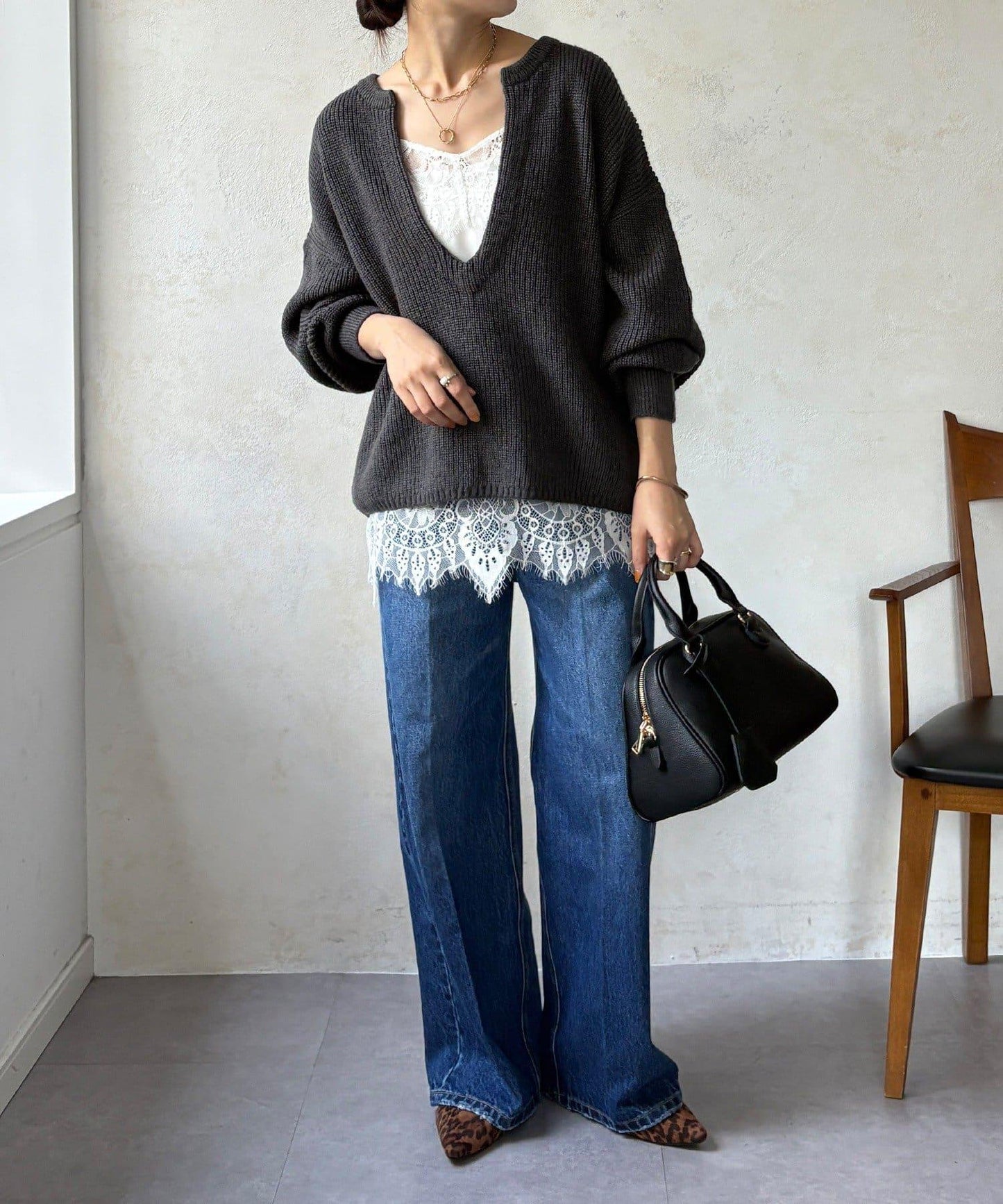 羊毛混紡開領套頭衫