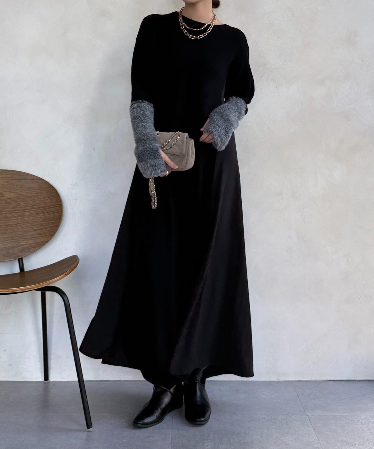 拼接雪紡長袖連衣裙