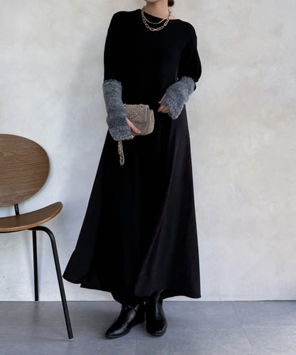 拼接雪紡長袖連衣裙