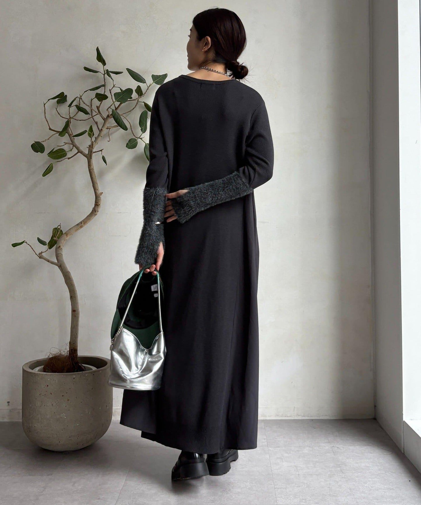 拼接雪紡長袖連衣裙