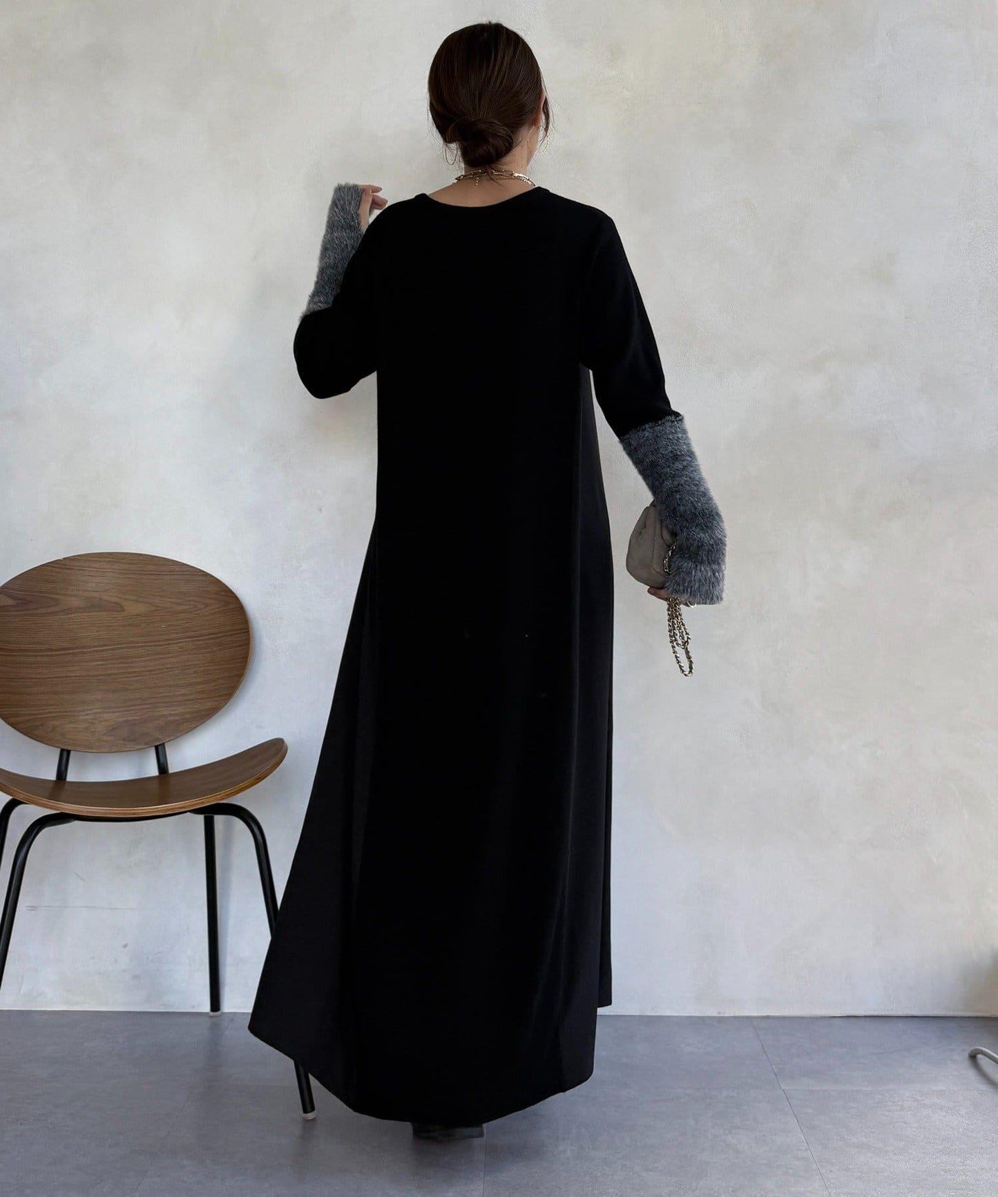 拼接雪紡長袖連衣裙