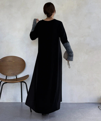 拼接雪紡長袖連衣裙