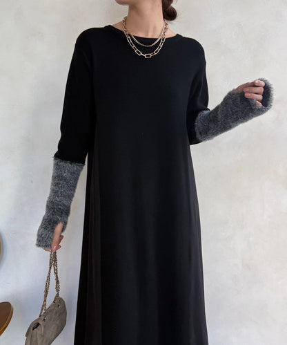 拼接雪紡長袖連衣裙