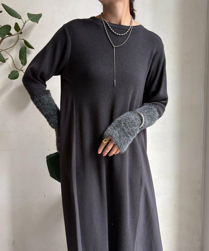 拼接雪紡長袖連衣裙