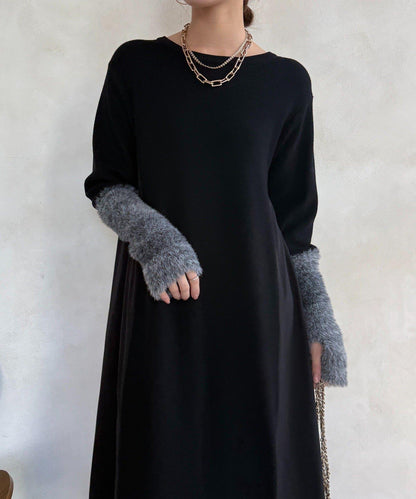 拼接雪紡長袖連衣裙