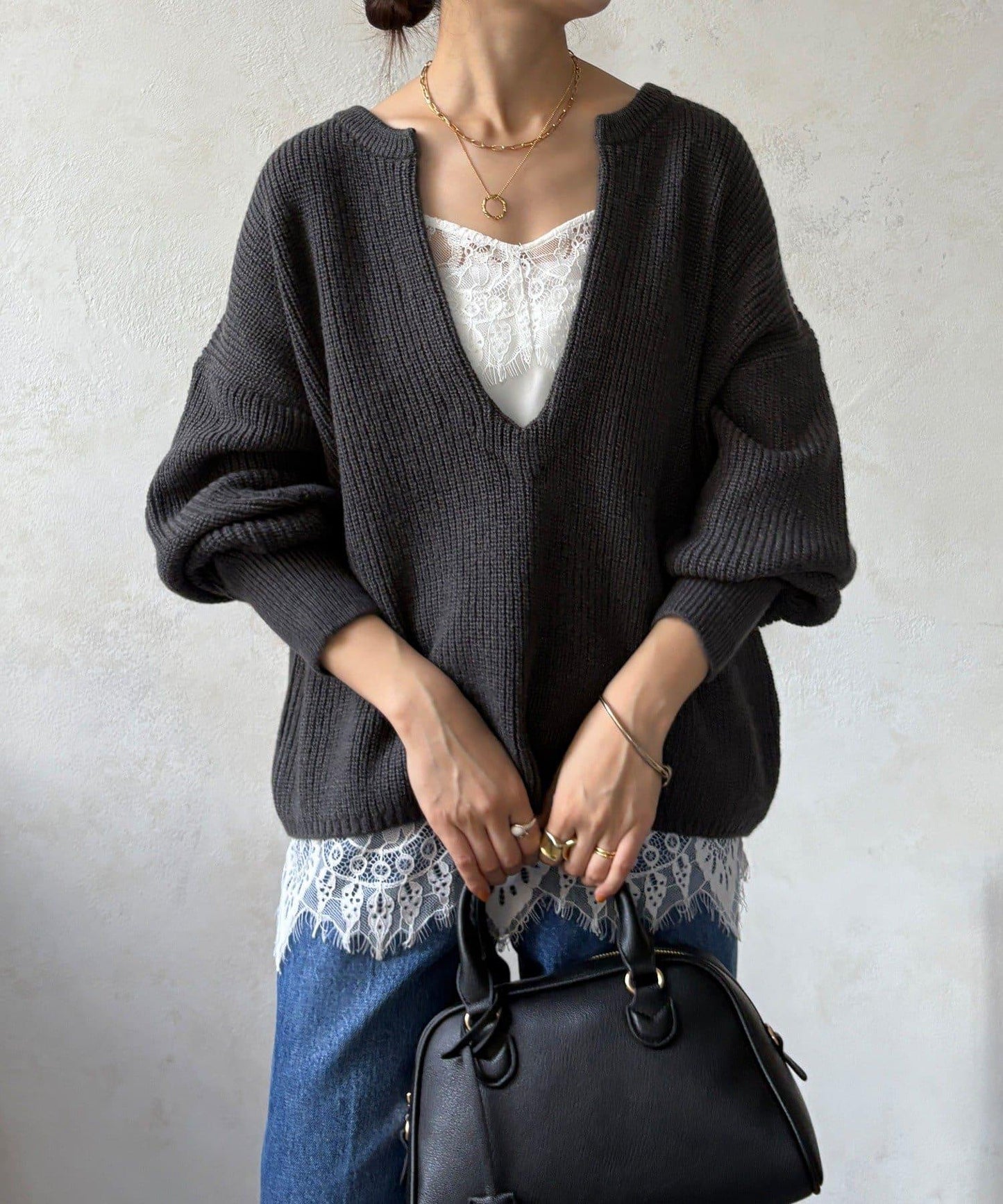 羊毛混紡開領套頭衫