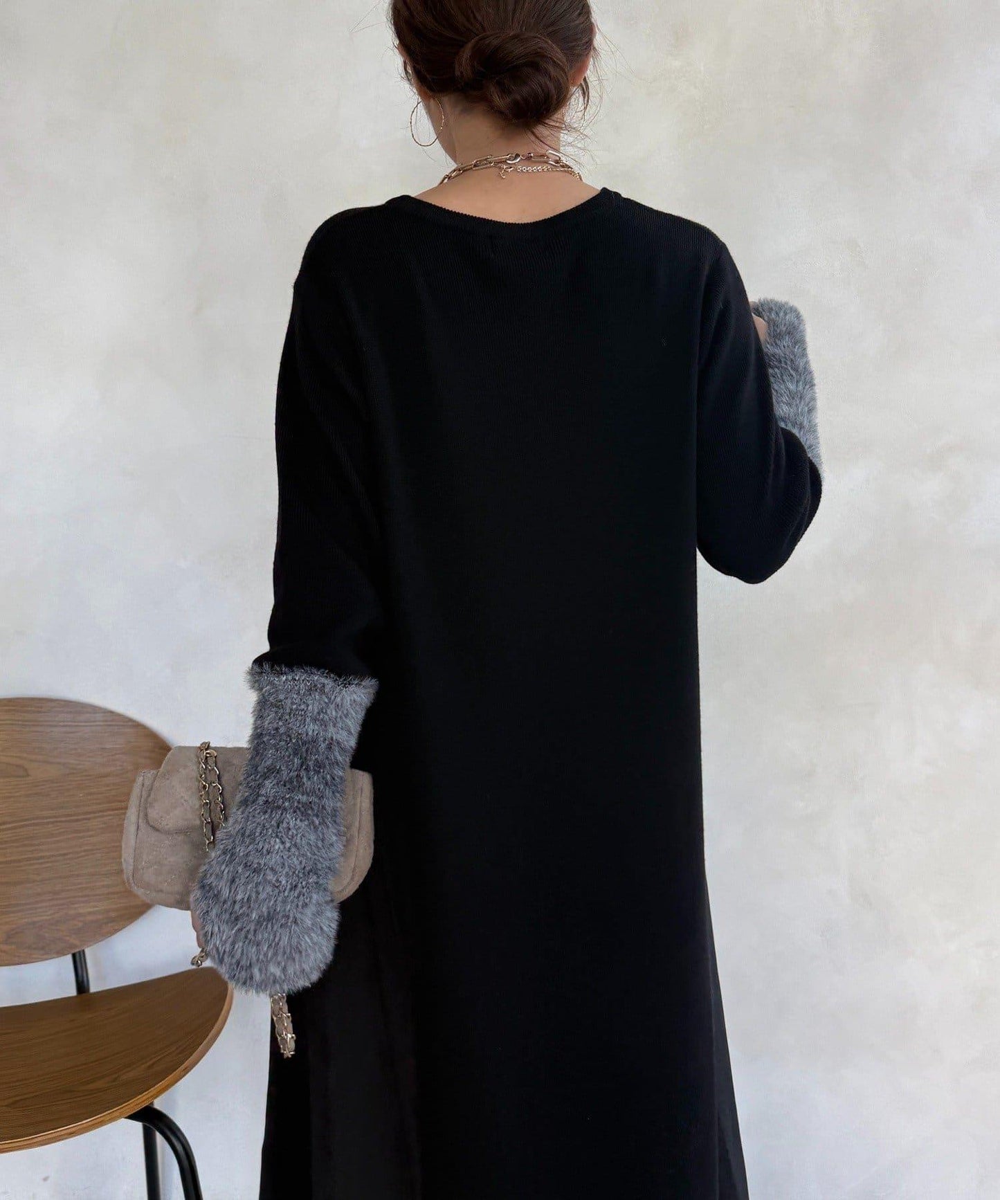 拼接雪紡長袖連衣裙