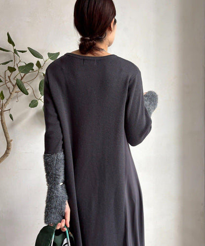 拼接雪紡長袖連衣裙