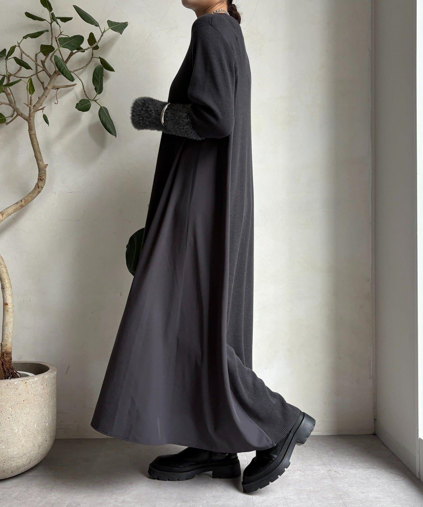 拼接雪紡長袖連衣裙