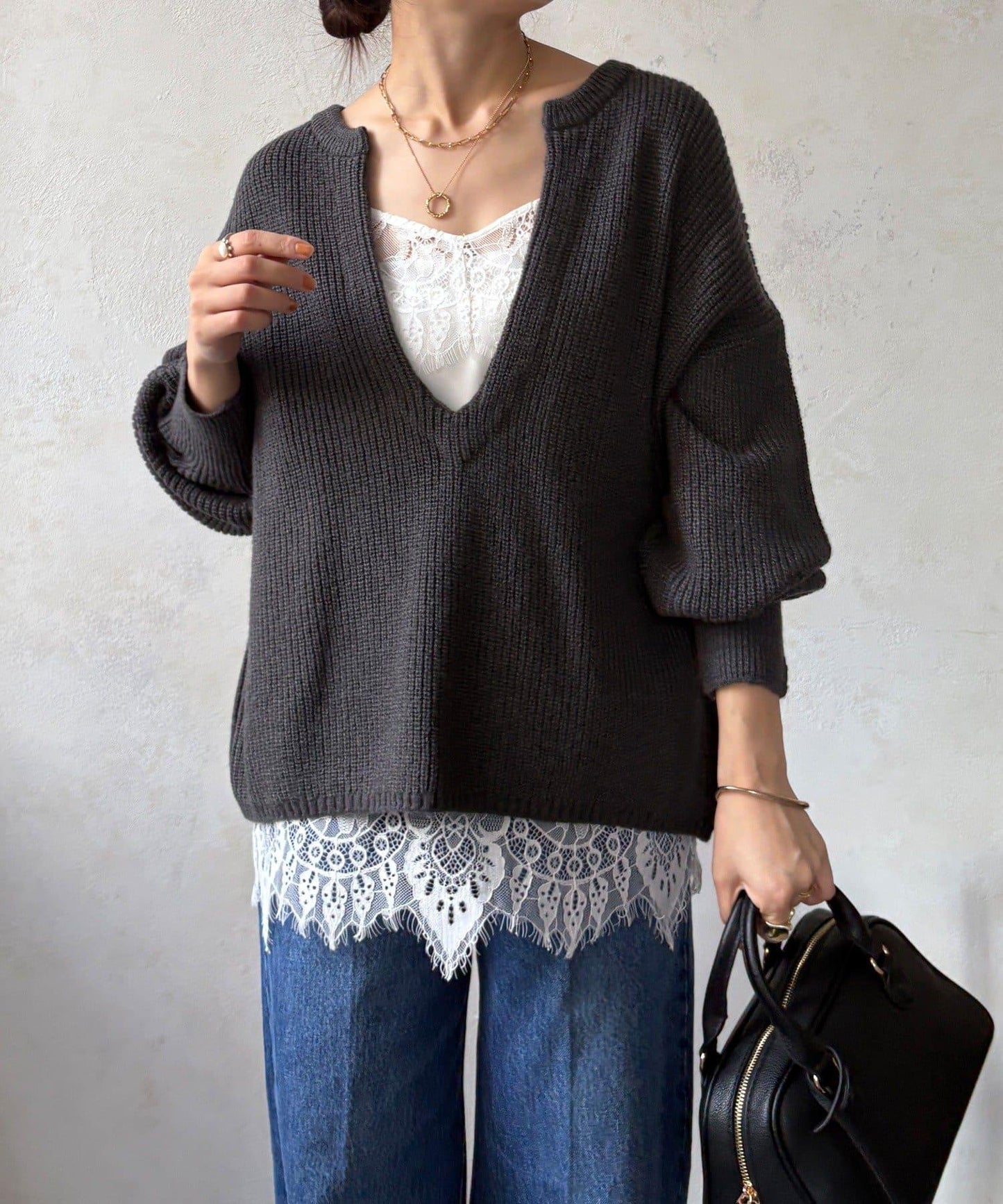 羊毛混紡開領套頭衫