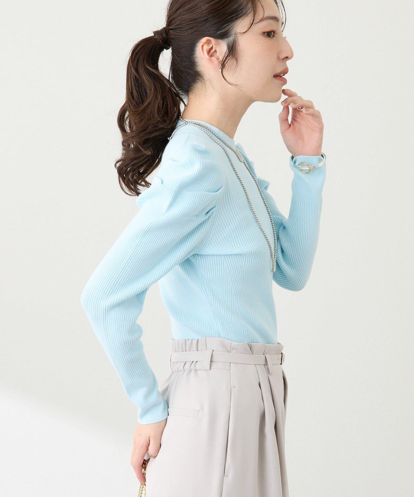 安哥拉觸感墊肩羅紋針織衫