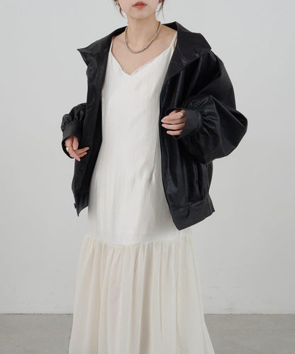 拼接蕾絲下襬緞面吊帶連衣裙